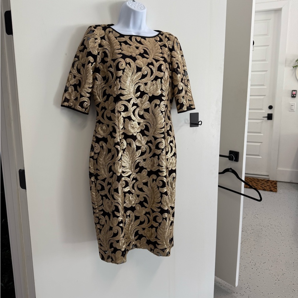 ANTONIO MELANI size 10 Black and Gold metallic Floral Midi Dress.